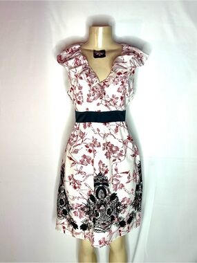 Voom by Joy Han Floral White & Burgundy Embroidered dress w/silk trim